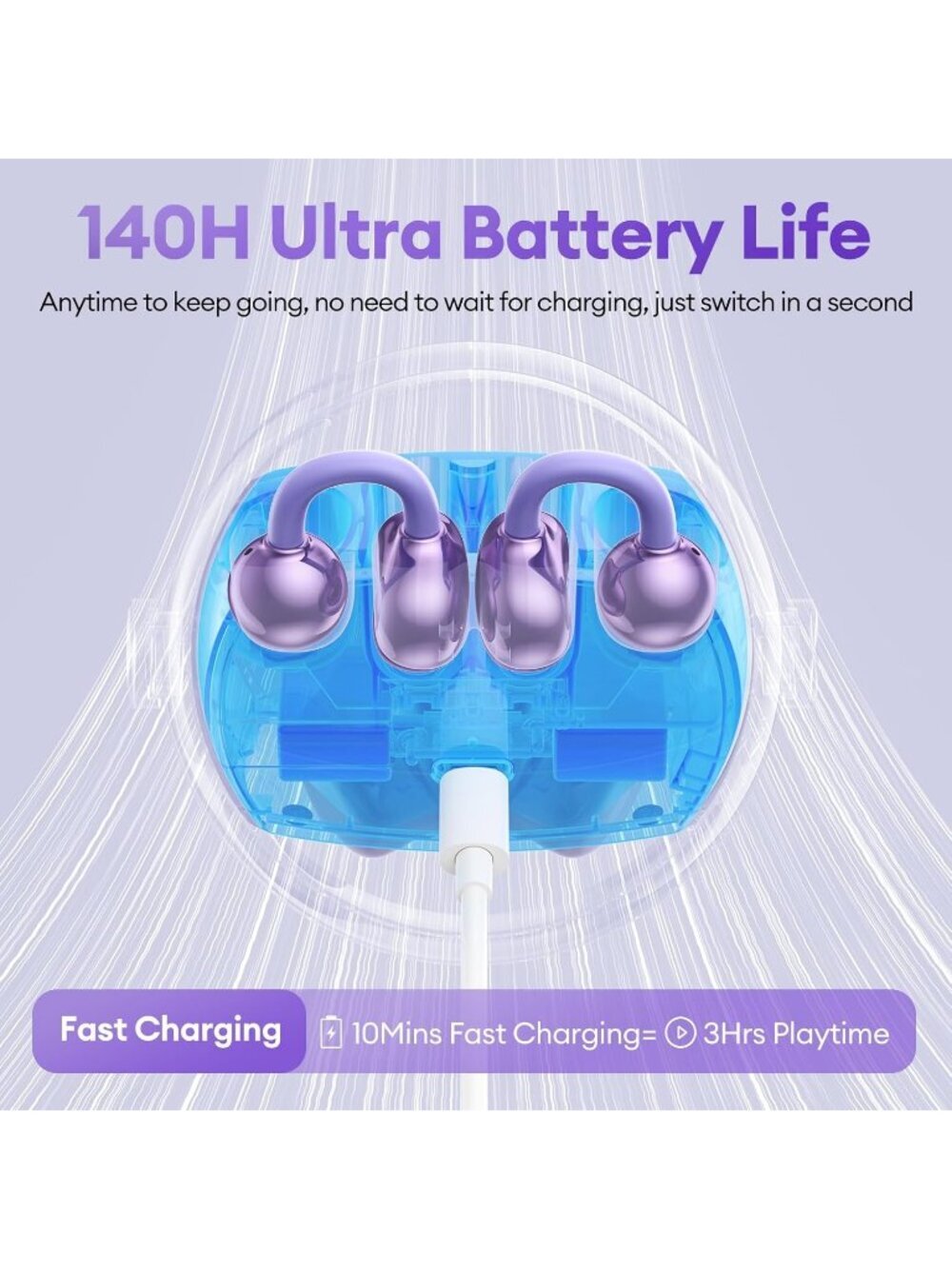 Wireless Purple Clip-On Ultra-long 140H Play Touch Control Bluetooth 6.0 Earbud - Picture 4 of 6